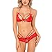 Womens Bridal Lingerie Lace Floral Babydoll Stretch Strappy Set with Cute Bowknot Mesh Thong Red