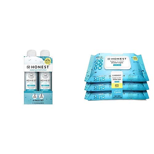 Image of The Honest Company Hand Sanitizer Spray, Free & Clear, 2.0 Fl Oz, 4 Count + "Keepin' It Clean" Alcohol Wipes, 150 Count