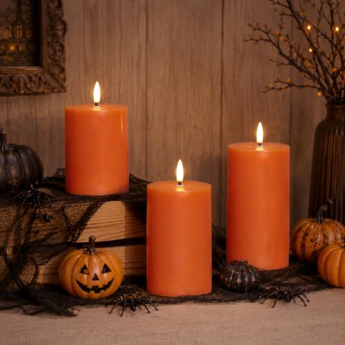 Image of JOIONE Orange Flameless Pillar Candles with Remote, 3 Pack Halloween Decor | Battery Operated LED, Fall Orange Real Wax, Remote Control, Warm Flickering Glow, Safe Halloween Home & Party Decor