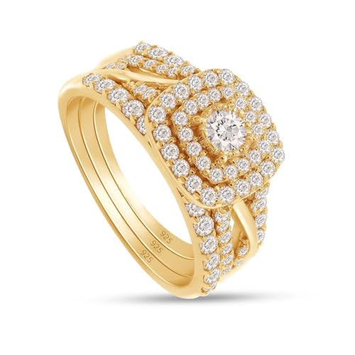 Square Halo Wedding Double Band Set Engagement Ring 14K Gold Plated Sterling Silver 1 Cttw Lab Created Moissanite Promise Eternity Ring for Women (1 Cttw,VVS1 Clarity)3