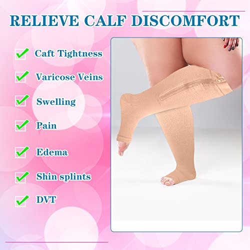 Image of Hillban 2 Pair 15 - 25 Mmhg Wide Plus Size Calf Zipper up Compression Socks for Women Men(3 XL,Nude)