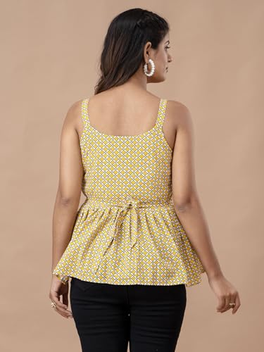 Image of feranoid Women Cotton Printed Sleeveless Strap Peplum Top