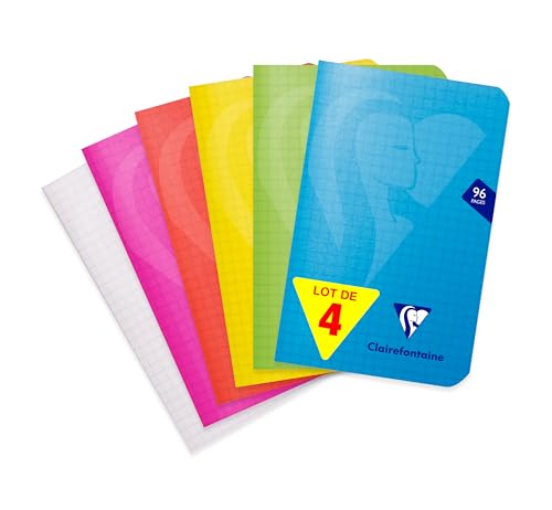Clairefontaine 303592AMZC Un lot de 4 Carnets Agrafés Mimesys - 9x14 cm - 96 Pages Petits Carreaux - Papier Blanc 90 g - Couverture Polypro - Couleurs assorties Aléatoires