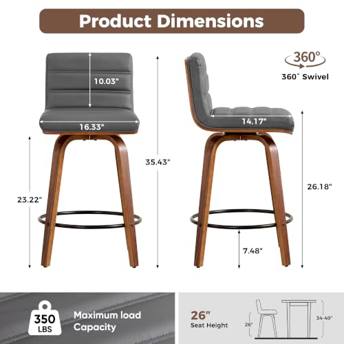 Image of Swivel Bar Stools Set of 1,26 inch Faux Leather Counter Height Barstools with Back,Mid Century Modern Upholstered Bar Chairs with Bentwood Legs Island Stools for Kitchen Counter Darkgrey