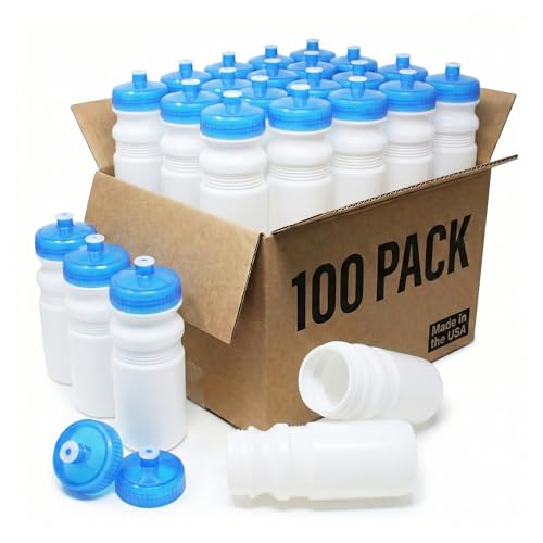 Rolling Sands Reusable Bulk Water Bottles 100 Pack - 20 Oz Sports Water Bottles, USA Made, BPA-Free, Wide Mouth for Easy Cleaning, Dishwasher Safe, Break Resistant - White Bottles/Blue Lids