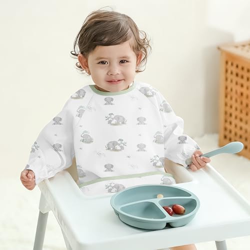 Image of Susurration Baby Long Sleeve Bib Waterproof Sleeved Bib Smock for Baby | 2 Pack Baby Reusable Feeding bibs, 6-36 Months Baby Feeding Essentials - Green Elephant