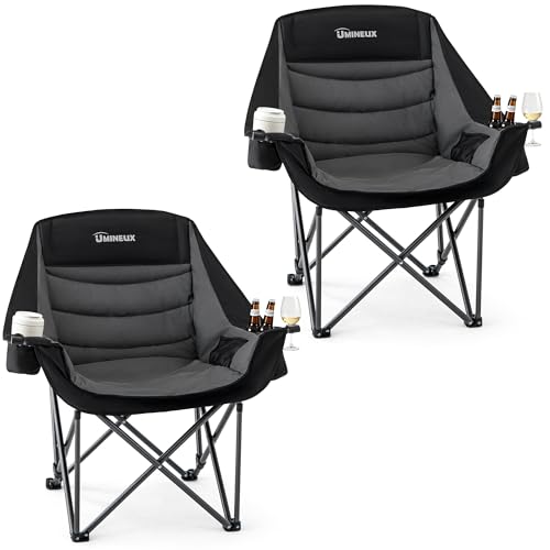 UMINEUX Silla de Camping Plegable para Adultos, Extra Ancha, Soporta 500 lbs, Tapizada, Portátil, 2 Piezas, Negro y Gris