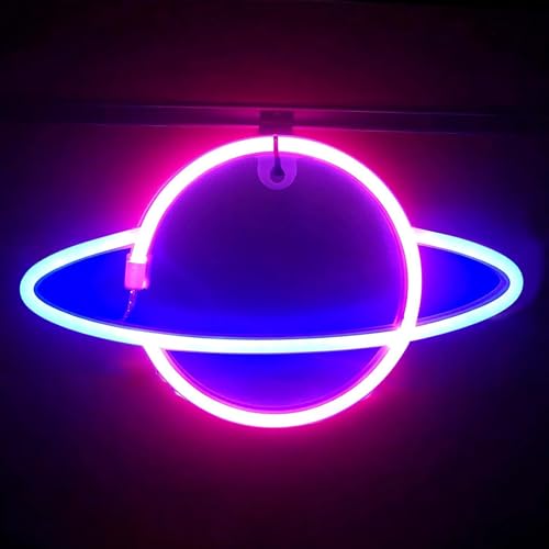 Binnan Lampe au Néon LED Veilleuse pour Chambre USB Chargeur,Rose + Bleu Planète Néon Logo,Néon,Lampe Neon pour Enfants Chambre Fête Danniversaire Bar...