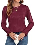 REGAI Women's Long Sleeve Fall T-Shirts Slim Fit Crewneck Textured Casual Knit Work Tops, Burgundy, S