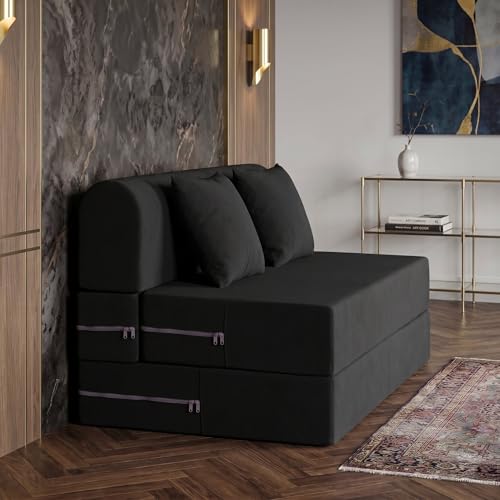 Image of Foldable Four Seater Sofa Bed 6 X 6 Ft Jute Fabric Washable Cover Sofa Cum Bed with Cushions Convertible Sofa Bed for Home (Black Color - Pre-Assembled)