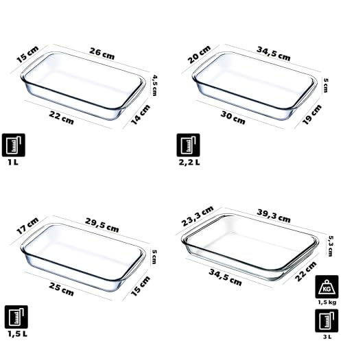 Zestaw naczyń do zapiekanek KADAX z żaroodpornego szkła, 4-częściowy (1L, 1,5L, 2,2L, 3L), żaroodporne szklano-ceramiczne naczynia do pieczenia, gotowania i serwowania, odporne na działanie zmywarki i