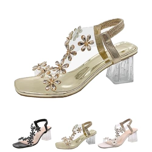 New Women Rhinestone Flower Clear Block Heel Sandals,Elastic Ankle Strap Chunky Square Open Toe Heeled Sandals Party Wedding,Open Toe Sexy Elegant Dress Shoes (Gold,4.5)