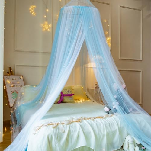Image of Princess White Blue Bed Canopy for Girls Bed Net,Princess Canopy for Kids Bed Room Decor (White+Blue)
