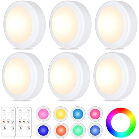 Yiliaw 6 Pack LED Puck Lights Remote Control 16 Color Changeable Under Cabinet Lights, Battery Operated Lights Night Light with Dimmer & Timmer for Closet Bedroom Kitchen, White Cover
