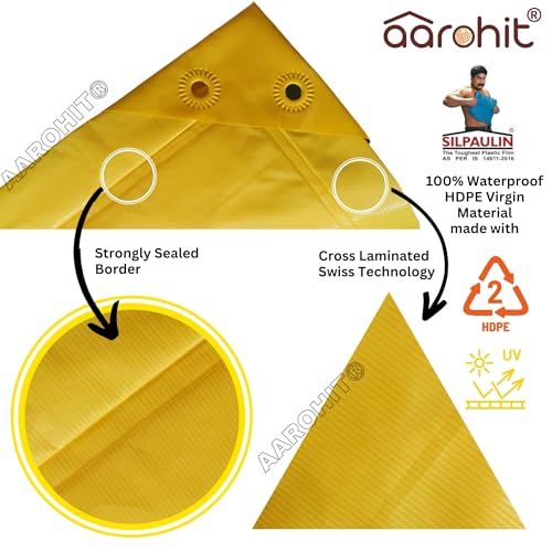Image of Silpaulin Tarpaulin (15Ft X 18Ft) 120 GSM from 100% Waterproof UV Resistant Cross Laminated Multi Layer Tarpaulin Tirpal Reinforced Eyelets, Swiss Technology, Yellow, (15Ft X 18Ft)