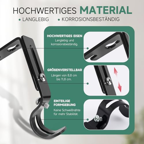 6 Stück Gardinenstange Halterung Metall Verstellbare Gardinenstangenhalterung für Wandmontage, Schwarze Vorhangstangen Halterungen mit Schrauben, für Gardinenstangen 25mm für Wohnzimmer & Büro
