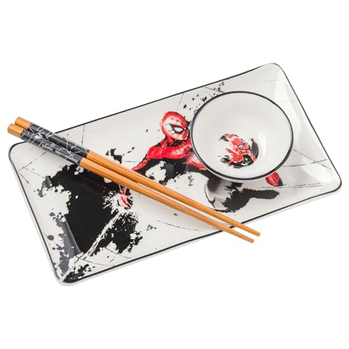 Image of Silver Buffalo Marvel Avengers Spider-Man Ceramic Sushi Set with Dipping Sauce Dish and Matching Chopsticks