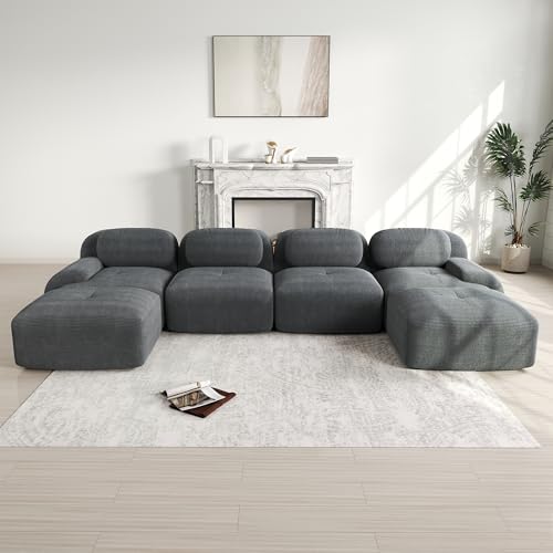 Ligterra Sofá modular de 4 plazas de pana, sofá de esquina, sofá sin brazos con 2 otomanas, sofá comprimido, sin montaje y base antideslizante, combinable libremente, 388×178×75cm (Gris)