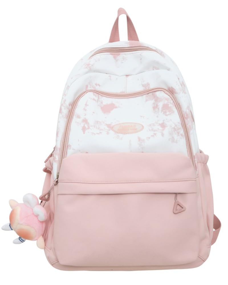 ISOLAY Cute Aesthetic Backpack Color-blocking Simple Solid Color Backpacks Kawaii Travel Backpack with Cartoon Pendant (Pink)