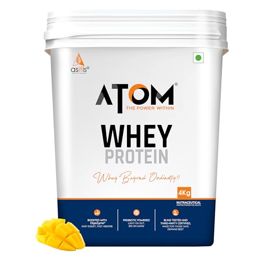 Image of Asitis Nutrition Atom Whey Protein 4Kilogram | 27G Protein | Isolate & Concentrate | Mango Fusion | Usa Labdoor Certified | With Digestive Enzymes For Better Absorption, 111 Servings
