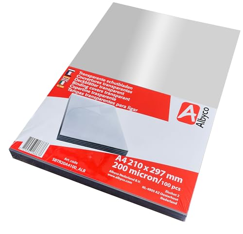 Albyco Klarsicht Einbanddeckel, Deckblatt, PVC Deckblätter, Klarsichtfolie - Transparent PVC, Format DIN A4, 210 x 297 mm, 0,20 mm/200 micron, Glänzend, pro 100 Stück