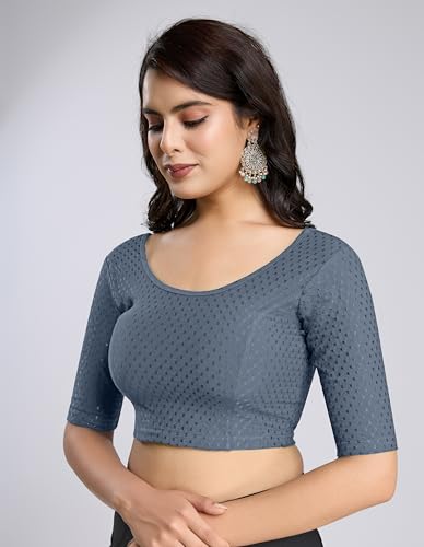 Image of TRENDMALLS Women's Dobby Pure Cotton Elastin Stretchable Readymade Round Neck Elbow Length Sleeves Blouse Choli Stylish Saree Blouse Ready to Wear