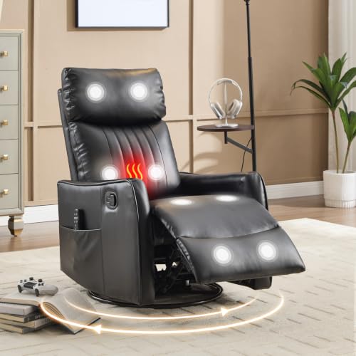 Image of Manual Swivel Rocker Recliner Chair for Adults, Overstuffed Reclining Glider Chair for Nursing with Vibration Massage & Heat, Living Room Rocking Recliner 2-Stage backrest, Faux Leather Black