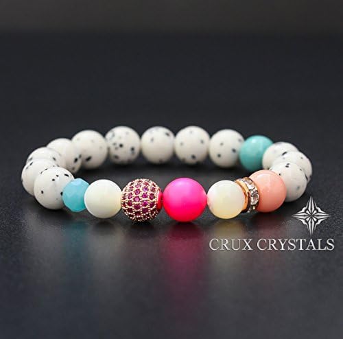 Bianca White Dalmatian Jasper, Bright and Colorful Beaded Bracelet, Stretch Gemstone Bead Bracelet, Rose Gold and Swarovski Pearls, Women's Gift Crux Crystals