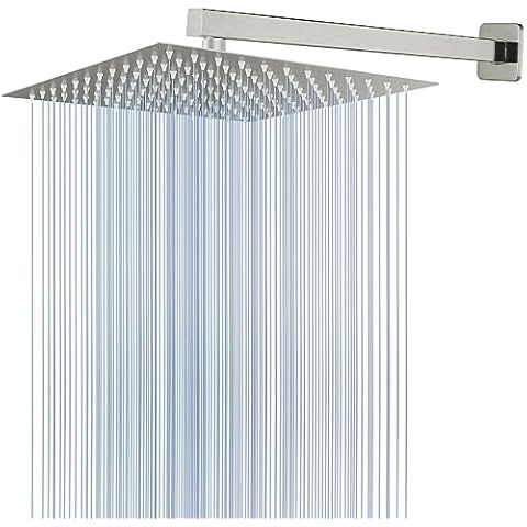 Voolan All Metal Shower Head with Extension Arm, Stainless Steel Waterfall Rainfall Showerheads, High Flow Bathroom Square Rain Shower Head (12’’ Shower Head with 16’’ Shower Arm, Brushed Nickel) Cover