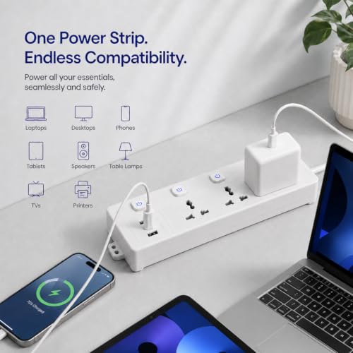 Image of AILKIN 3 Socket Universal Extension Board with Individual Switches, 3 Pin Power Strip with Heavy Duty Cable, Multi Plug Extension Box for Home, Office, TV, Laptop, Mobile Charger & Appliances (White)
