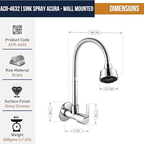 Image of KAMAL Sink Spray Tab Acura - Wall Mounted | SS 304 Flexible Spout 360 Degree Dual Flow Passion Flex Flexible Sink Cock Pillar Cock Shower Type Bib Tap Faucet Bib Tap Faucet (Wall Mount Installation)
