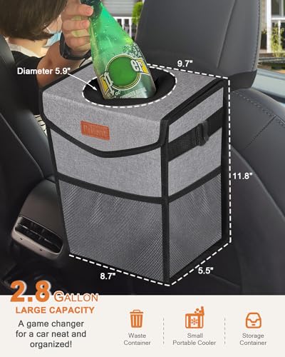 Image of Pritent Car Trash Can with Lid, Cute Leakproof Car Trash Garbage Bag Hanging Vehicle Trash Bin Small Portable Automotive Garbage Cans Organizer for Back /Front Seat /Console(2.8 Gallons,Grey)