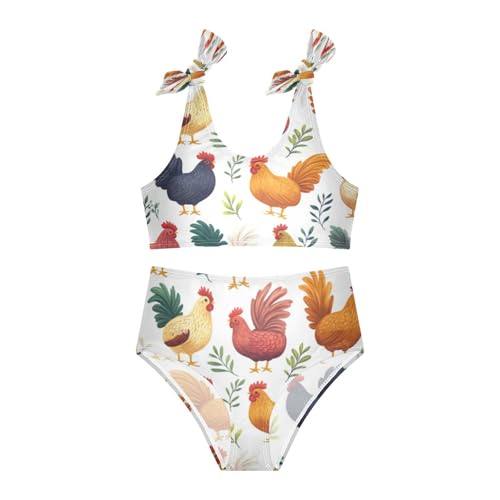 Chickens Farm Cockerel Colorful Leaf Girls Tankini Swimsuit Kids Bikini Sets 2 Pcs Bathing Suit 3T3