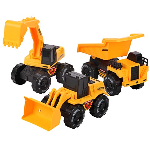 Friction Powered Construction Truck Set with Sound and Lights, Play Vehicles Tractor Set for 3 4 5 6 7 Years Old Child Kids Boys and Girls, Bulldozer, Dump, Excavator Toy