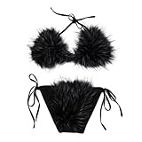 ZOSCGJMY Damen Flauschige Künstliche Fell Pelz Bikini Set Triangel Bikini Zweiteiliger Badeanzug (Schwarz-3)