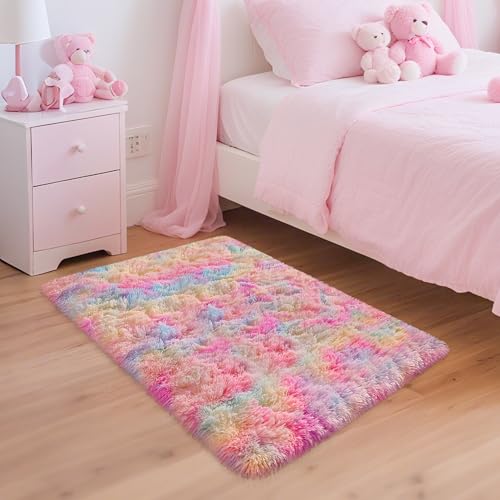 TENNOLA 2x3 Small Area Rug Unicorn Rainbow Rugs for Girls Bedroom Soft Fluffy Shag Fuzzy Pink Carpet Princess Rug for Girls Kids Toddler Room Nursery Home Decor Throw Rugs Indoor Inside Front Mat