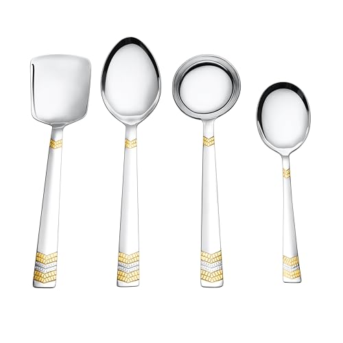 Image of FnS 4 Pieces Stainless Steel Serving Set | 1 Rice Spoons, 1 Veg Serving Spoon, 1 Soup Ladle (Karchi) & 1 Serving Spoon | Premium 24 Karat Gold Plated for Home, Kitchen & Dining Table (Raga Design)