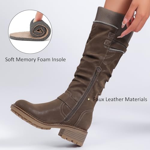 Women's Slouchy Knee High Boots Low Heel Comfort Round Toe Tall Calf Flat Riding Combat Boots for Women.4