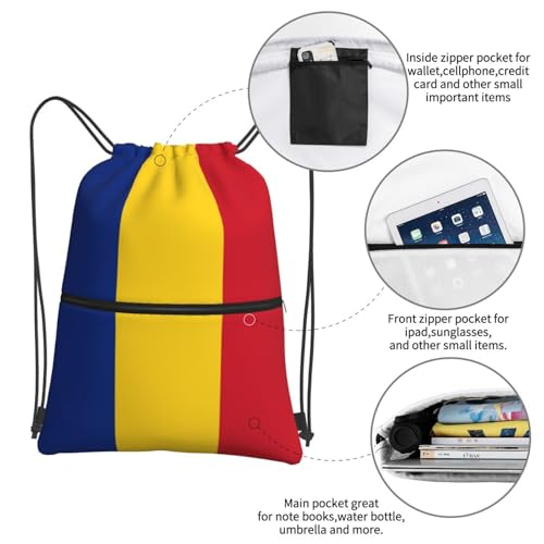 Flag of Romania Drawstring Backpack Patriotic zipper Drawstring Bag for Men Women Sport Yoga Travel Gym4