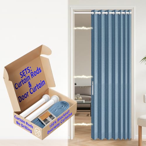 Image of AJAZZ Blackout Accordion Door with Curtain Rods Adjustable 28-39 inch Long, Closet Door Curtain Total Privacy Sound Proof Curtains Suitable for Bedroom Living Curtain Set, 1 Pack, W42 x L80 in, Blue