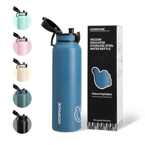 UZSPACE Edelstahl Trinkflasche 1l (970ml) Isolierte Thermosflasche mit 1-Klick-Öffnung 100% Auslaufsicher Sport Wasserflasche für Wandern Sport Fitness Gym Outdoor Ozeanblau