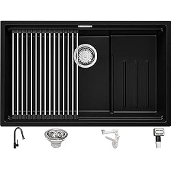 Fregadero Negro 80Cm Fregadero bajo Encimera Negro 76x47 cm, Fregadero Granito 1 Seno + Kit de Drenaje + Grifo, Fregadero al mueble 80cm, Fregadero de Primagran
