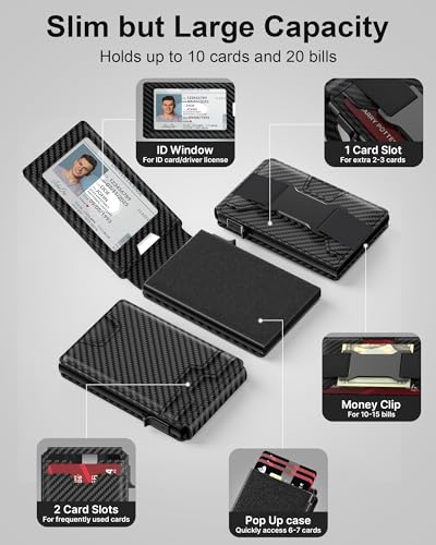 typecase Mens Wallet Card Holder: Pop Up Card Case, Genuine Leather, RFID Blocking, Smart, Slim, Minimalist, Thin - 13 Card Capacitiy, ID Window, Cash Strap (Carbon Fiber)2