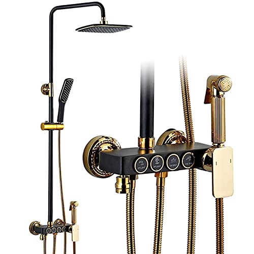 Système de douche noir et or luxe à jet pluie et douchette