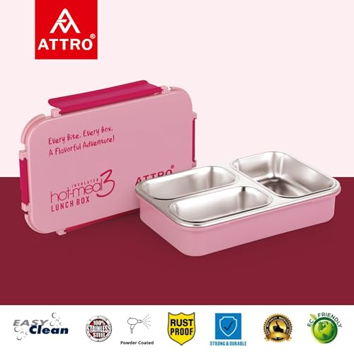 Image of ATTRO Hot-Meal 3 Insulated Lunch Box with 3 Compartment, Inner Stainless Steel & Locking Lid BPA-Free Food Grade Ideal for School, Office - 900ml Peach