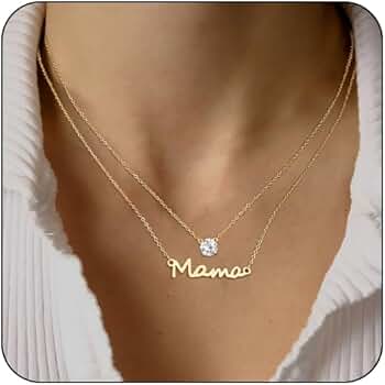 POVIK Mama Necklaces for Women 18K Gold Layered Mom Pendant