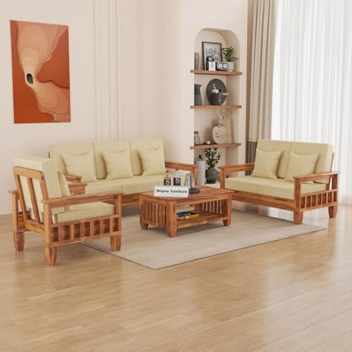 Image of Sheesham Wooden 6 Seater Sofa Set for Living Room | Rosewood Cushion Sofa with Side Newspaper Holder for Home & Office | Solid Wood Sofa Set for Lounge (Honey, 3+2+1 Seater)