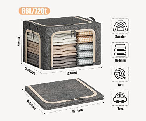 Image of 3 Opeings Large Clothes Storage Bins with Metal Frame, Foldable Storage Bin for Clothes, Clothing Storage Bins with Lid, Linen Storage Box With Clear Window& Zippers& Handles.(3 Pcs,Dark Grey,66L)