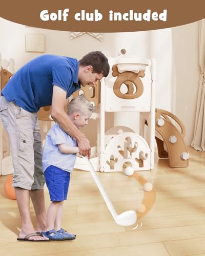 Image of XJD 12-in-1 Toddler Slide and Swing Set, Kids Slide for Toddlers Age 1+, Toddler Outdoor Playset New Upgrade with Golf Set, Basketball Hoop, Drawing Board for Playground (Brown)
