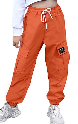 Image of AOWKULAE Girls Cargo Pants Drawstring Jogger Pants,Orange,13-14Y